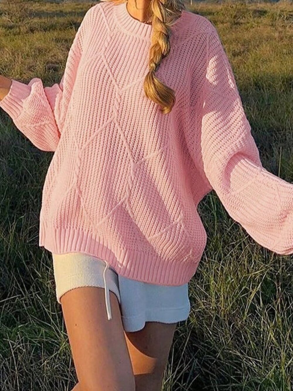 Pink Casual Women's Loose Long Sleeve Thick Round Neck Knit Pullover Sweater